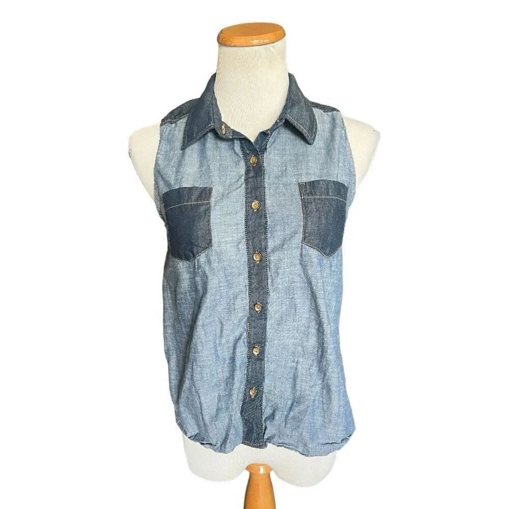 Womens Monteu Two-Toned Chambray Button Down Sleeveless Top - Sz L
